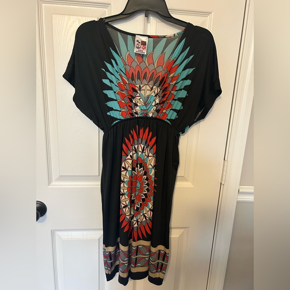 India Boutique Black Deep V Neck Dorman Sleeve Dress Mandala Design